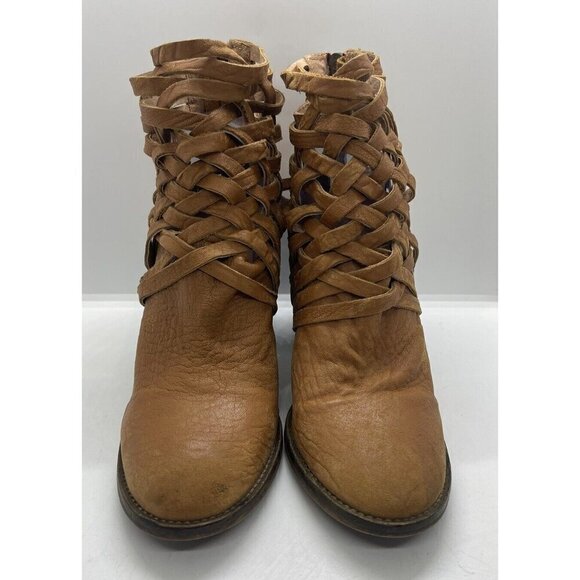 Free People Carrera Bootie Woven Ankle Boots Vintage Tan Leather Size 39 US 8.5 - Picture 2 of 8